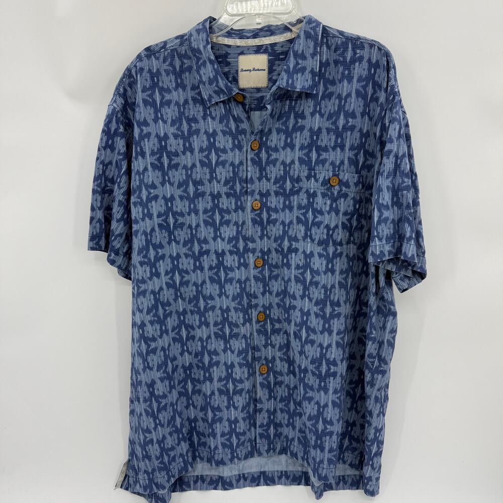 TOMMY BAHAMA Washable Silk Button Up Mens Shirt Size XXL Short Sleeve Blue Geo